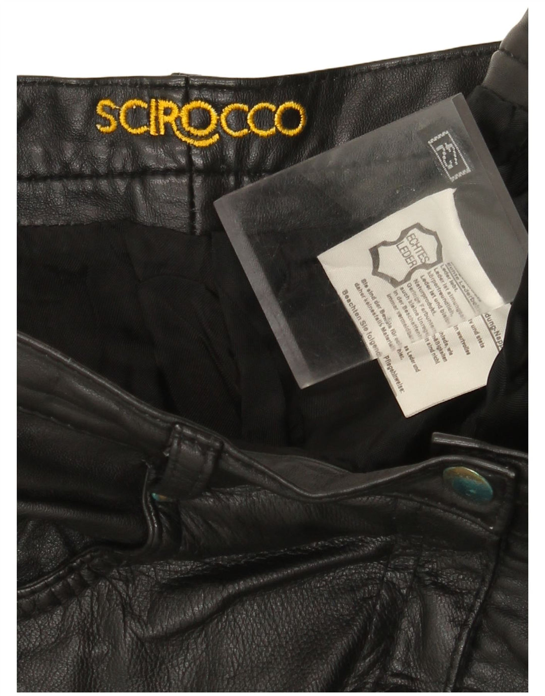 Calça feminina de couro cônico Scirocco IT 42 médio W30 L29 couro preto