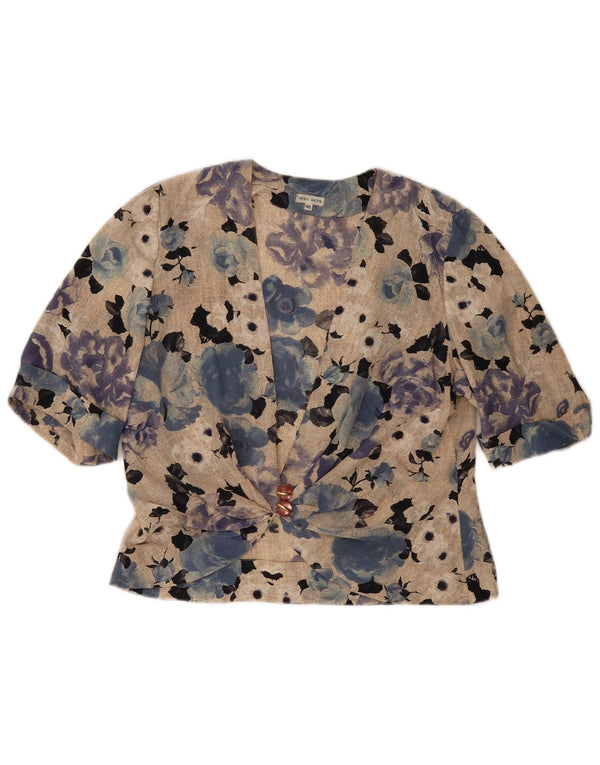 Cardigan feminino vintage manga 1/2 top IT 48 XL bege floral seda