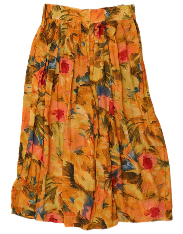 Saia plissada feminina vintage Reino Unido 16 grande W32 viscose floral amarela