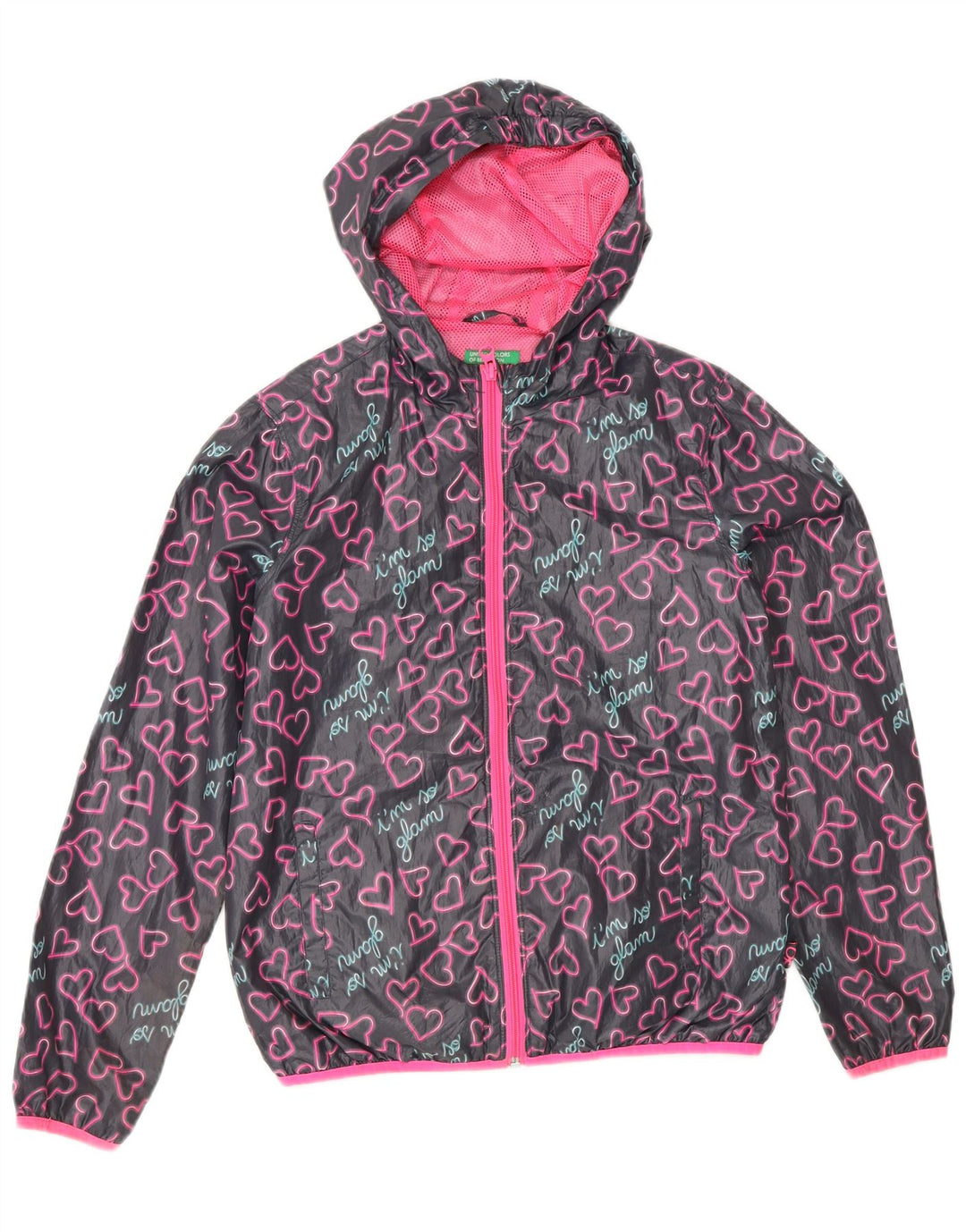 Jaqueta de chuva com capuz gráfico BENETTON para meninas 11-12 anos 2XL cinza coração
