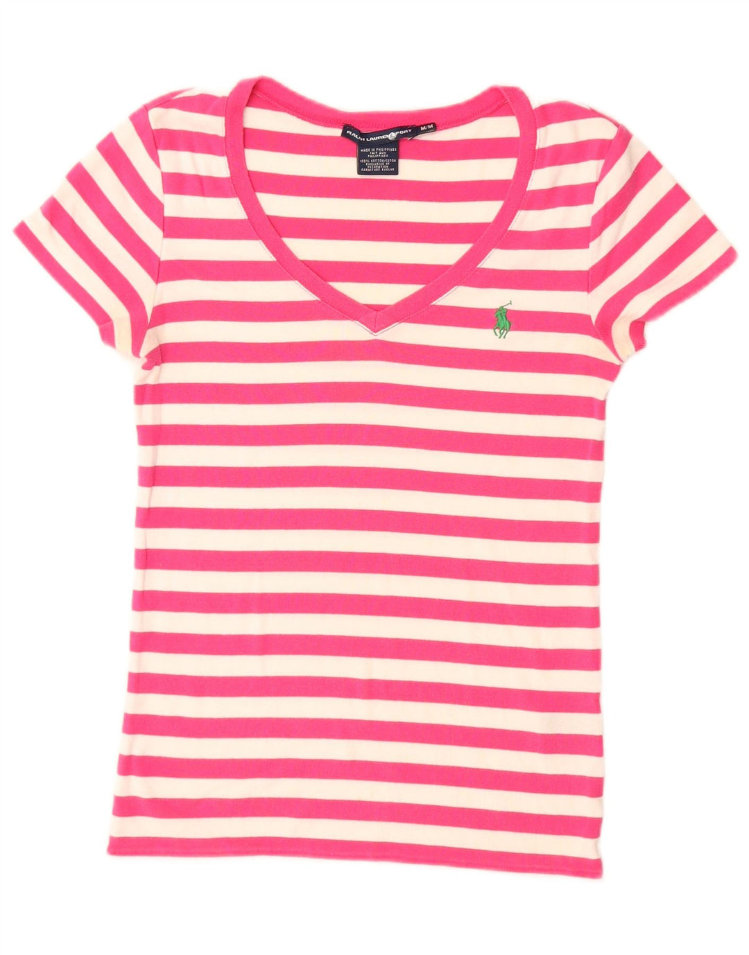 Camiseta feminina Ralph Lauren UK 12 algodão listrado rosa médio