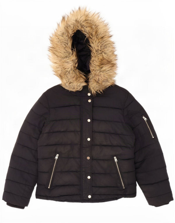 Jaqueta acolchoada com capuz feminina Topshop UK 12 poliéster preto médio