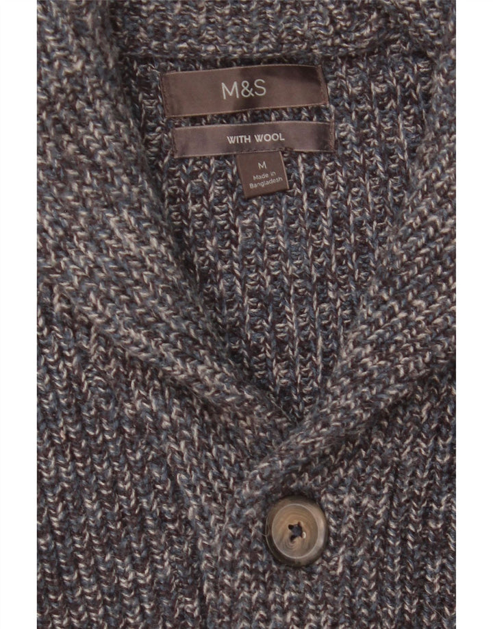 Suéter cardigã masculino Marks & Spencer lã manchada azul médio