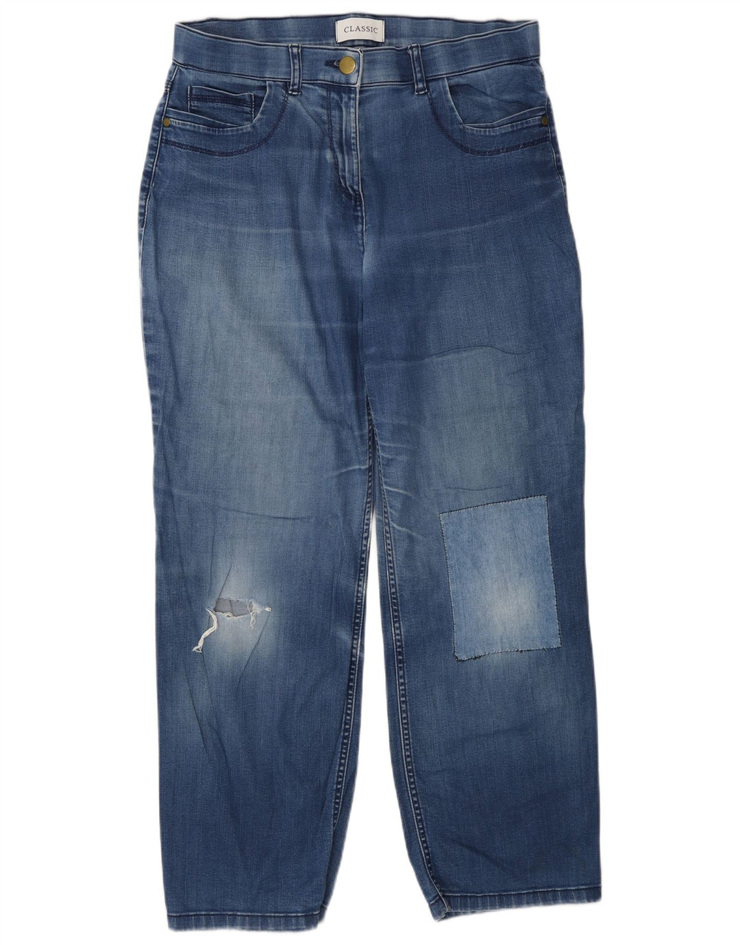 Calça jeans reta feminina Marks & Spencer desgastada Reino Unido 12 médio W28 L27 azul