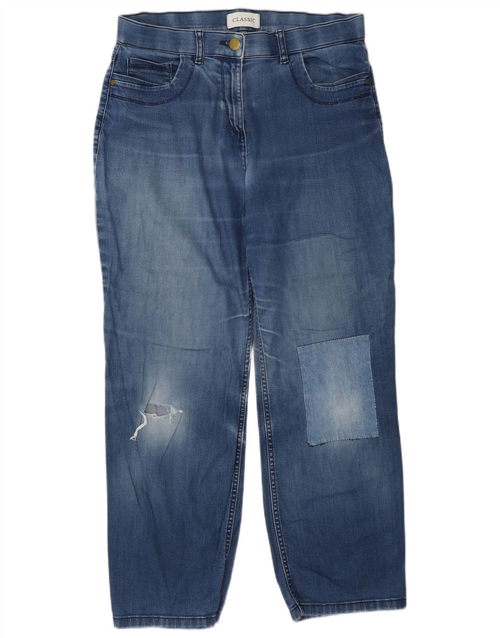 Calça jeans reta feminina Marks & Spencer desgastada Reino Unido 12 médio W28 L27 azul
