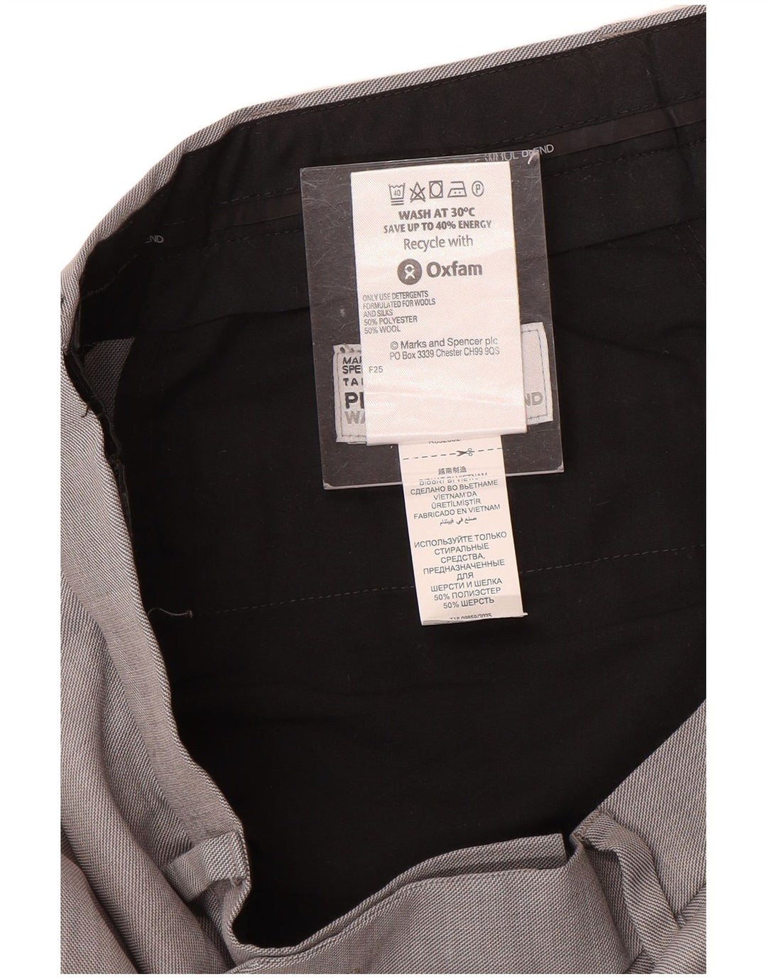 Calça masculina de terno reto Marks & Spencer W34 L26 lã cinza