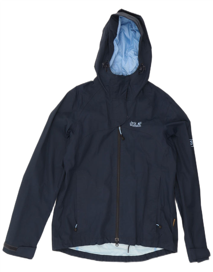 Jaqueta de chuva feminina com capuz Jack Wolfskin Reino Unido 12/14 médio azul marinho poliamida
