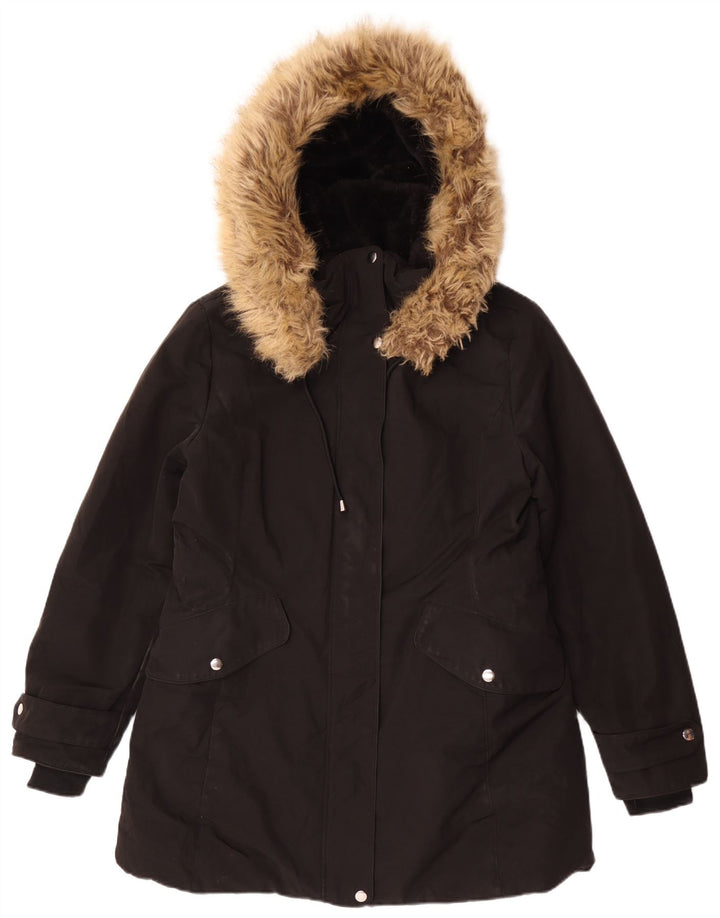 Zara Jaqueta Parka Feminina com Capuz Reino Unido 18 XL Poliéster Preto