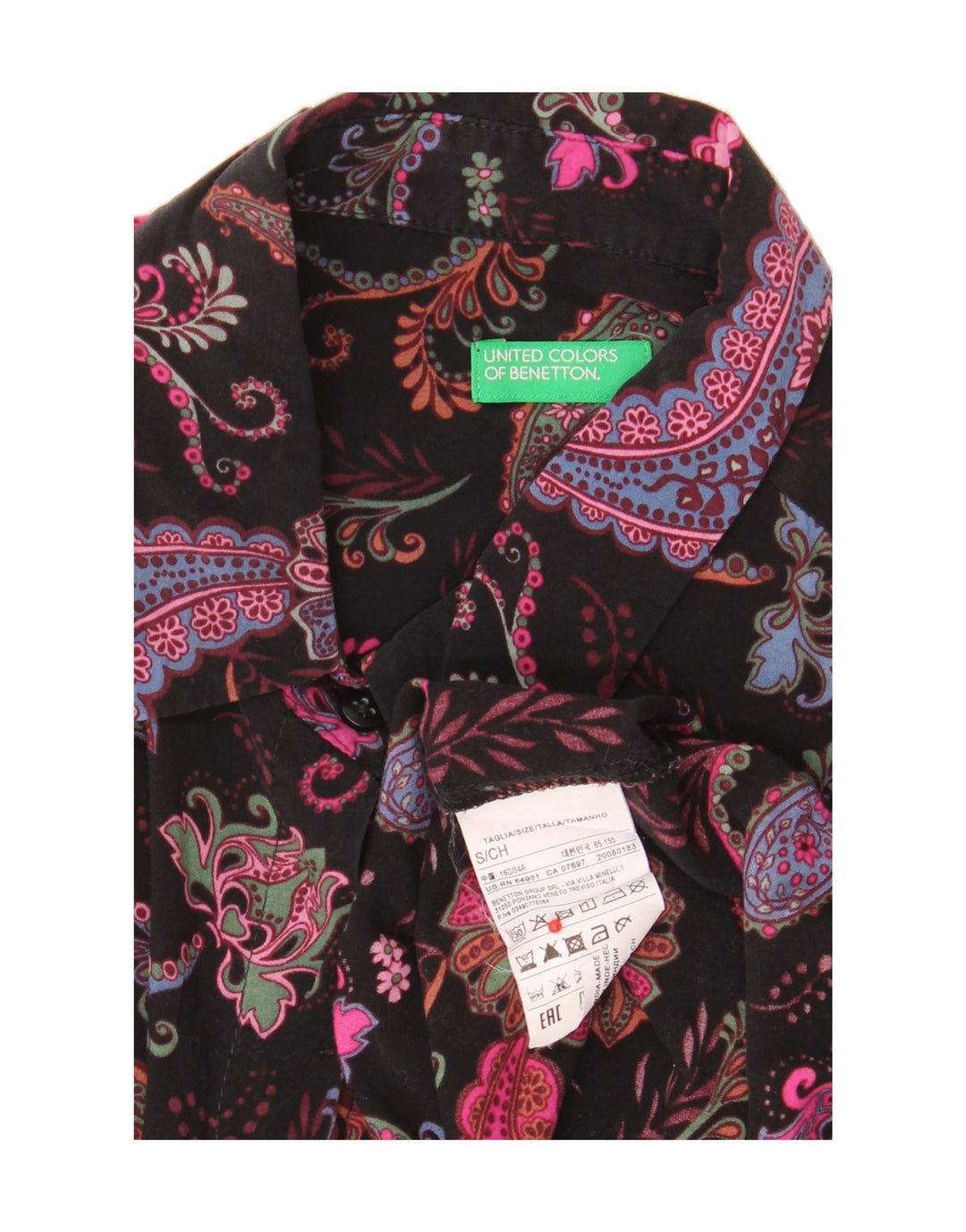 Camisa feminina BENETTON UK 10 pequena preta Paisley Modal