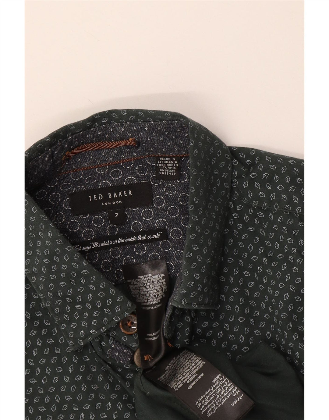 Camisa masculina Ted Baker tamanho 2 pequeno algodão geométrico verde