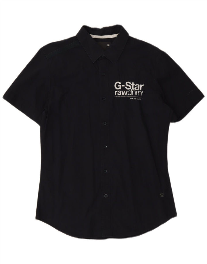 Camisa masculina de manga curta G-Star de algodão azul marinho médio