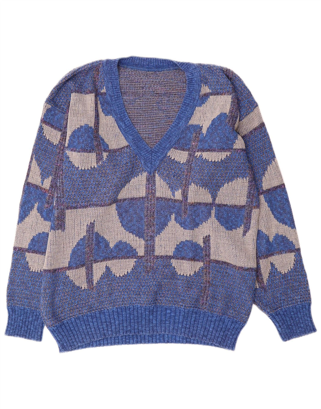 Suéter masculino vintage com decote em V IT 50 algodão geométrico azul médio