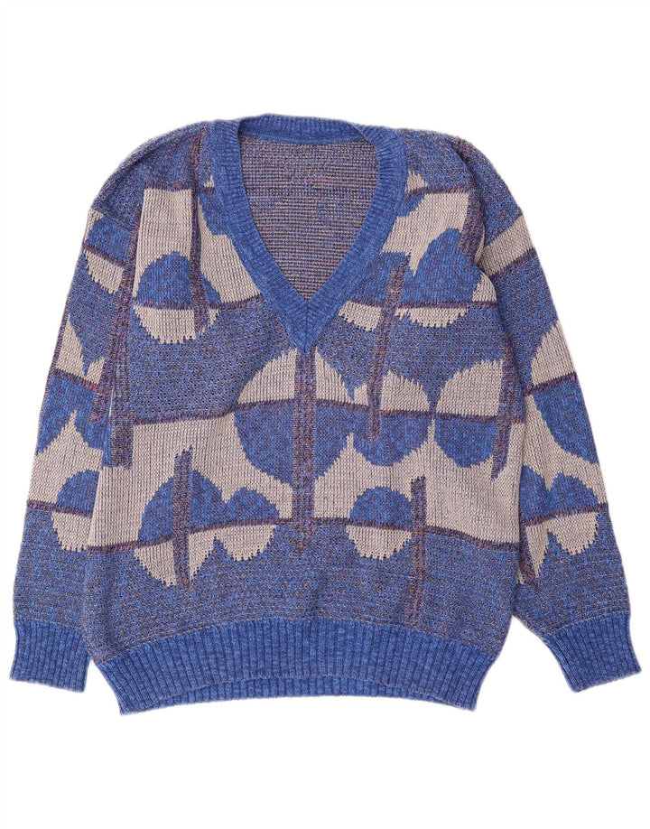 Suéter masculino vintage com decote em V IT 50 algodão geométrico azul médio