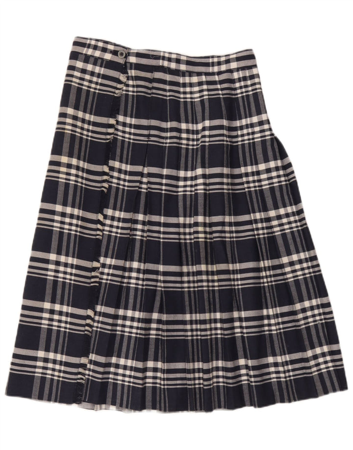 Saia feminina vintage plissada W28 xadrez azul marinho médio