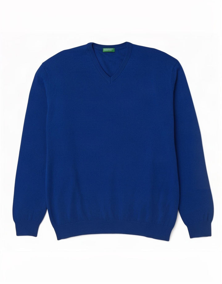 Suéter masculino Benetton com decote em V 2XL lã Merino azul