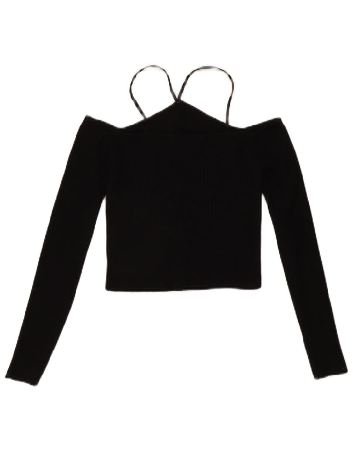 Zara Top feminino de manga comprida com ombro de fora UK 12 Viscose preta média
