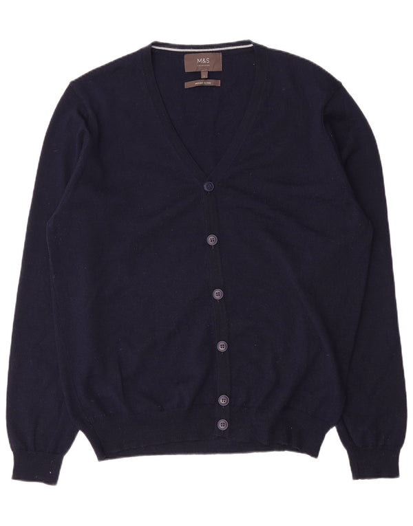Suéter cardigã masculino Marks & Spencer grande lã merino azul marinho