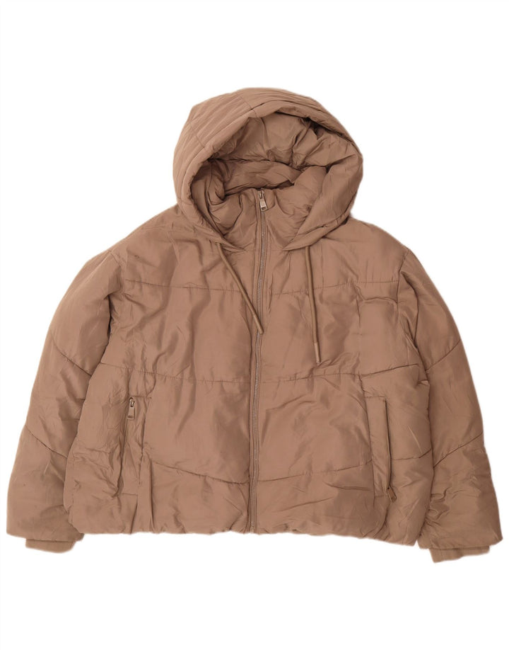 Jaqueta acolchoada com capuz e capuz feminino Zara UK 20 2XL poliéster bege