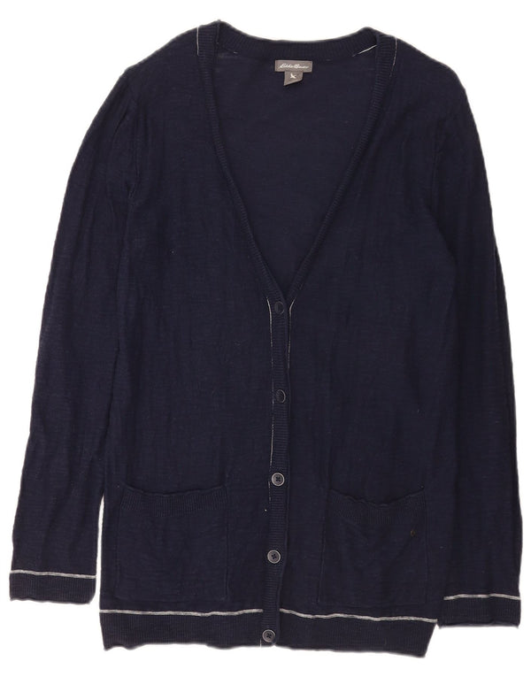Suéter cardigã feminino Eddie Bauer Reino Unido 14 grande algodão azul marinho