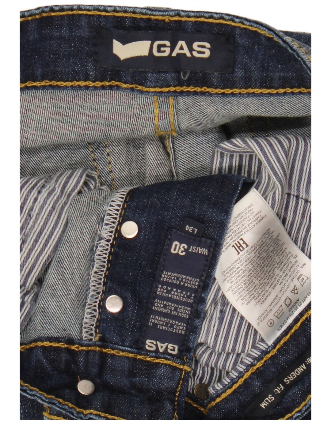 GAS Mens Anders Distressed Slim Jeans W30 L34 Azul Marinho Algodão