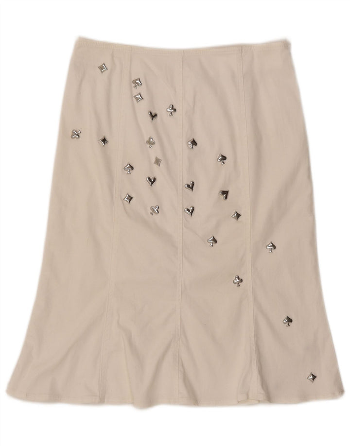 Saia feminina MOSCHINO cintura alta evasê Reino Unido 14 W30 L23 algodão branco