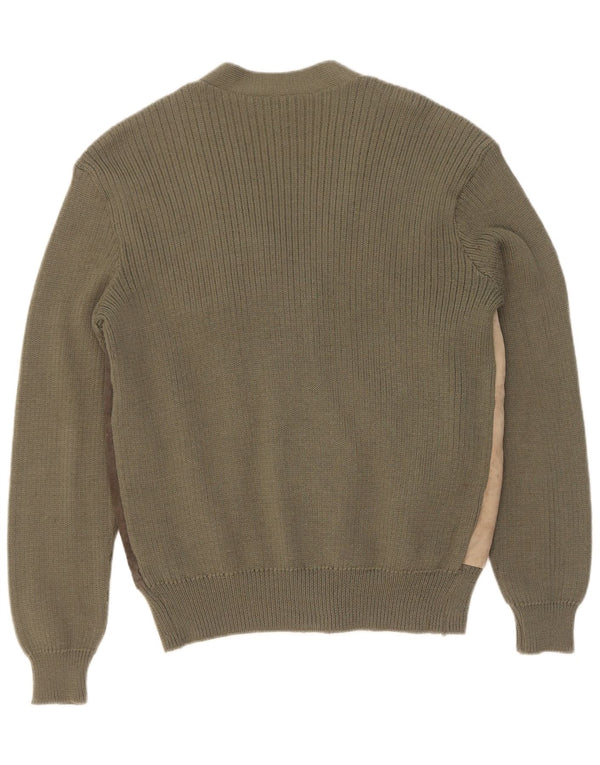 Suéter cardigã masculino vintage de camurça IT 50 lã colorblock cáqui médio