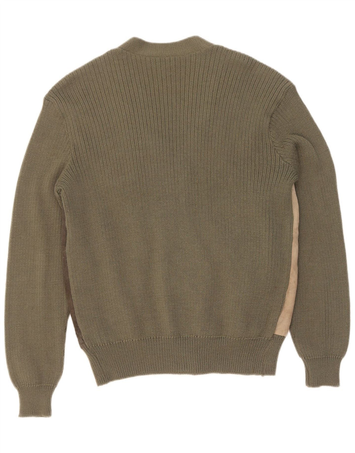 Suéter cardigã masculino vintage de camurça IT 50 lã colorblock cáqui médio
