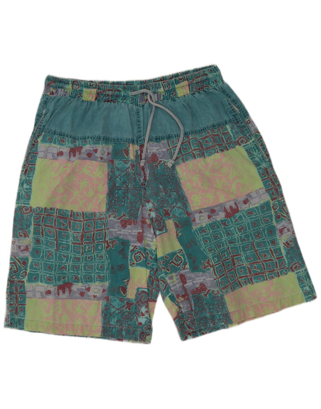Shorts casuais gráficos masculinos vintage XL W32 algodão patchwork verde