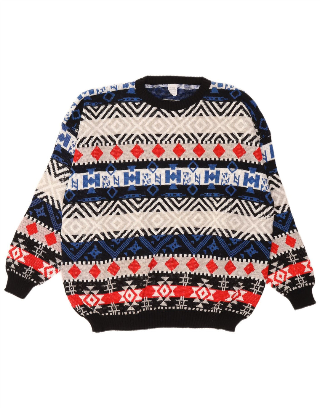 Suéter vintage masculino com gola redonda, grande lã geométrica multicolorida