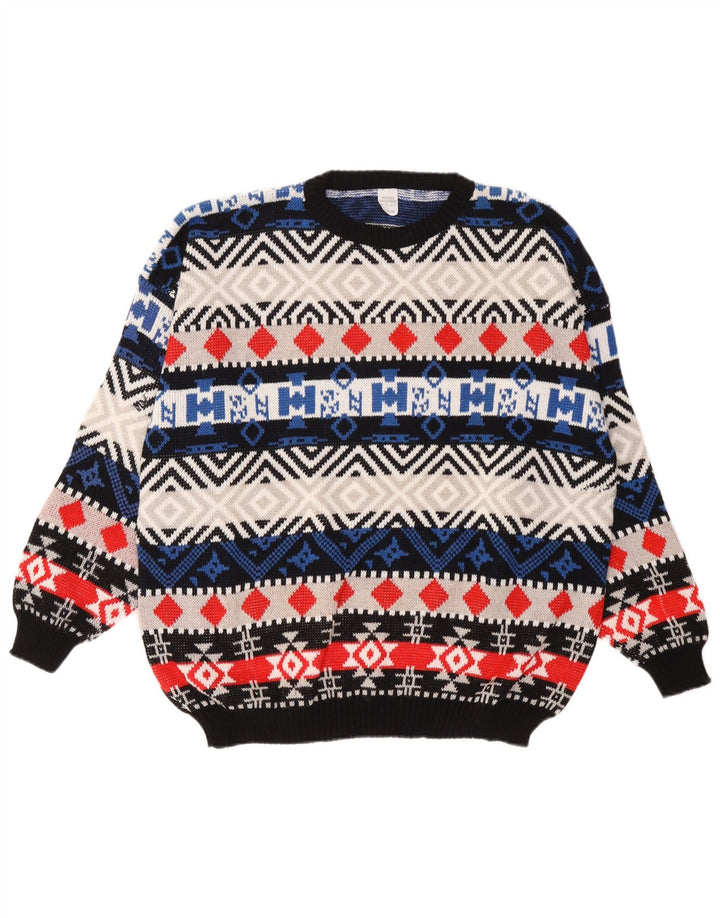 Suéter vintage masculino com gola redonda, grande lã geométrica multicolorida