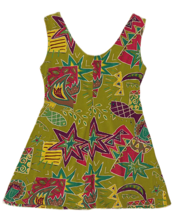 Carnet minivestido feminino sem mangas evasê UK 10 pequeno verde geométrico