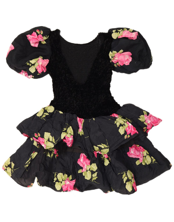 Vestido feminino vintage de mangas curtas em camadas UK 10 pequeno floral preto