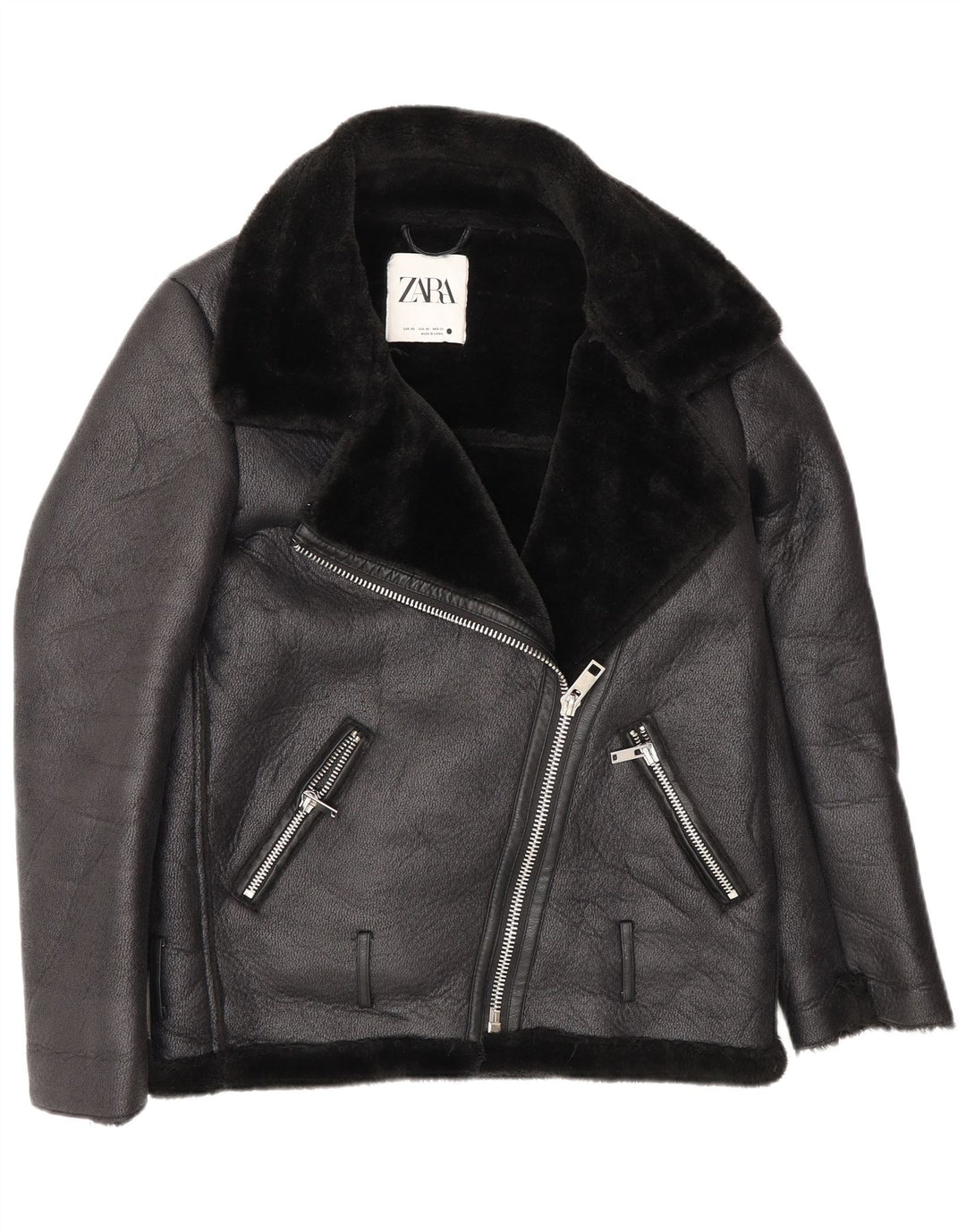 Zara Jaqueta Feminina Oversized Loose Fit Biker Sherpa Reino Unido 6 XS Preto Poliéster