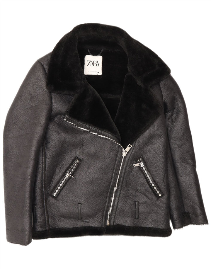 Zara Jaqueta Feminina Oversized Loose Fit Biker Sherpa Reino Unido 6 XS Preto Poliéster