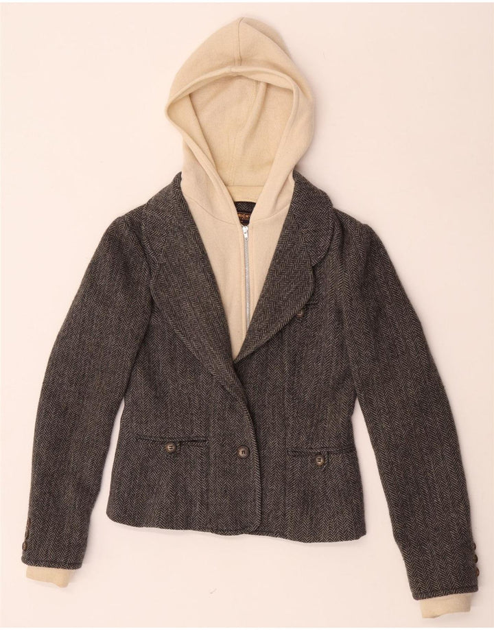 Jaqueta blazer feminina rica com capuz de 1 botão UK 10 Small Grey Herringbone
