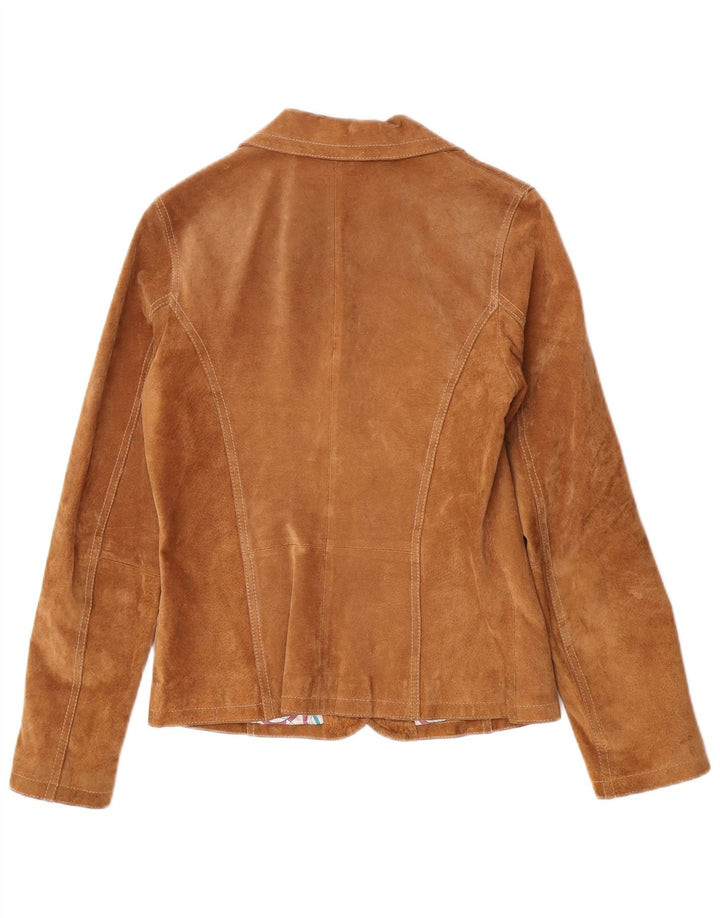 Jaqueta blazer feminina Gipsy de camurça com 2 botões Reino Unido 10 couro marrom pequeno
