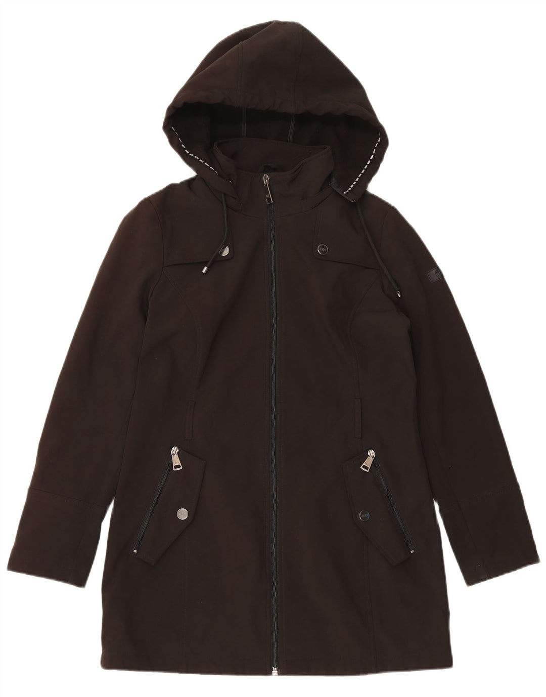 Casaco impermeável feminino com capuz Dkny UK 10 pequeno poliéster preto