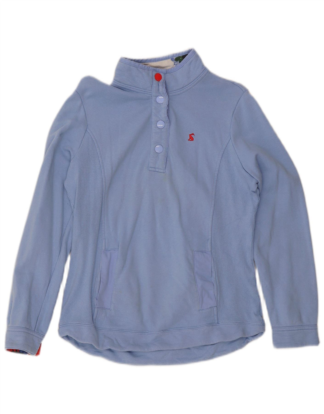 Suéter feminino Joules com gola redonda e botão UK 12 algodão azul médio