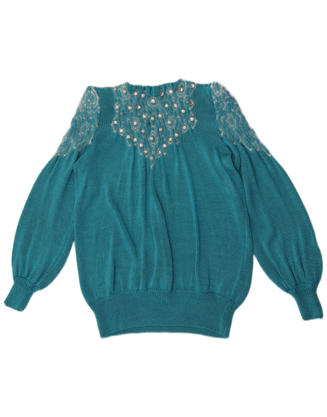 Suéter feminino vintage com estampa abstrata, gola redonda, Reino Unido 14, azul grande