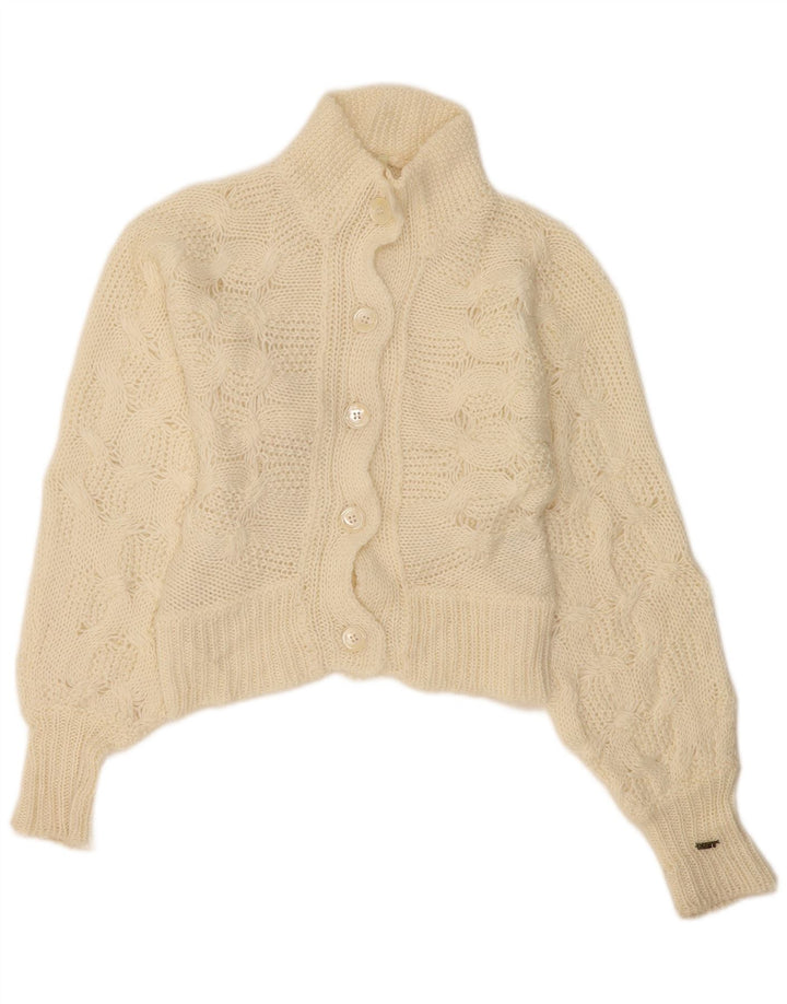 Suéter cardigã feminino MET UK 12 mohair bege médio