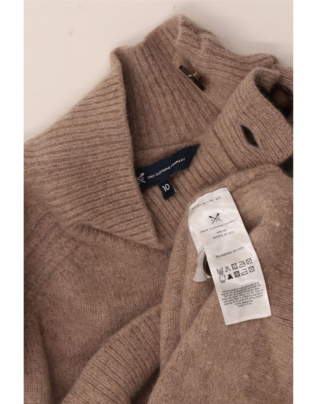 Suéter feminino Crew Clothing com gola redonda e botão Reino Unido 10 lã de cordeiro pequena bege