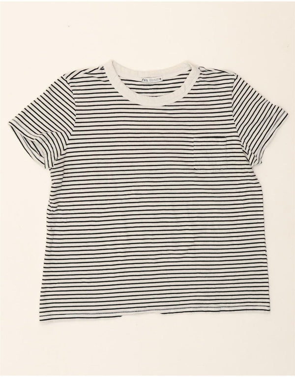Camiseta feminina Zara UK 18 XL listrada branca náutica