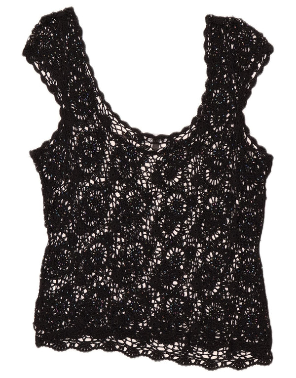 Femme feminino crochê sem mangas transparente top UK 20 2XL viscose preta