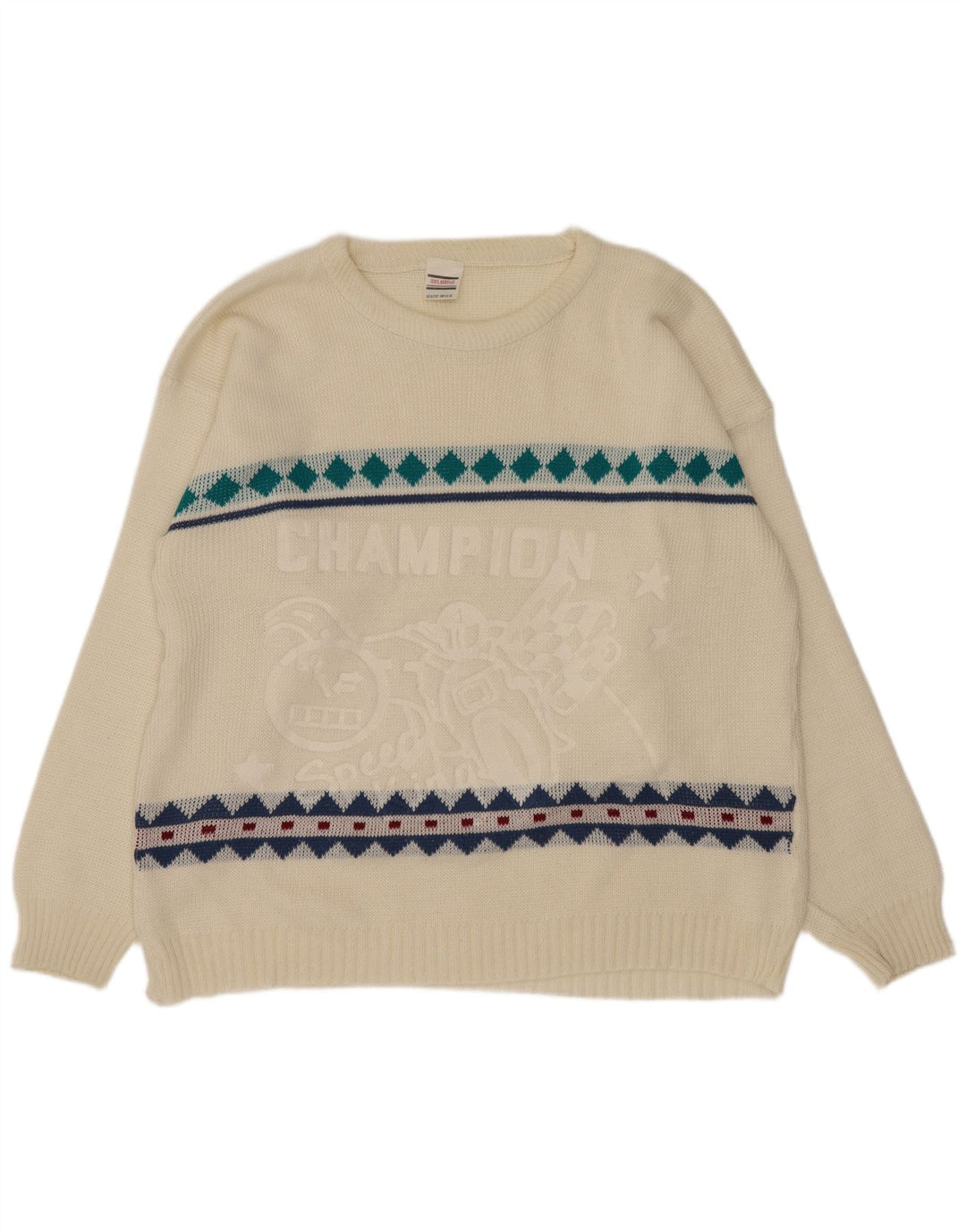 Suéter vintage masculino com gola canoa grande off white Argyle/Diamante