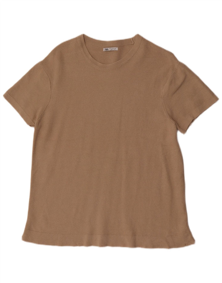 Camiseta masculina de manga curta Zara Top médio de algodão marrom