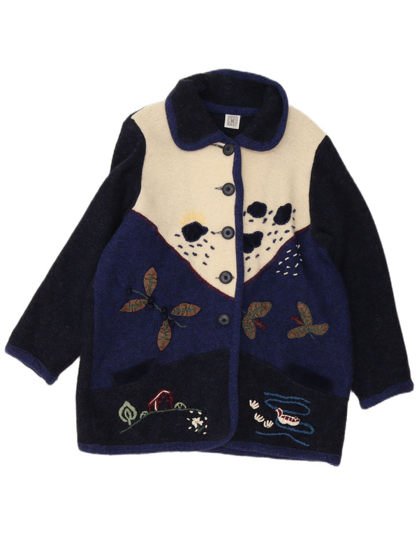 Suéter cardigã feminino vintage Reino Unido 16 grande bloco colorido azul marinho novidade