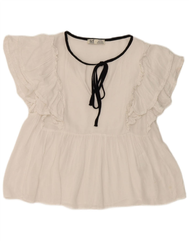 Blusa feminina Zara com amarração frontal em asa de morcego Reino Unido 12 algodão branco médio