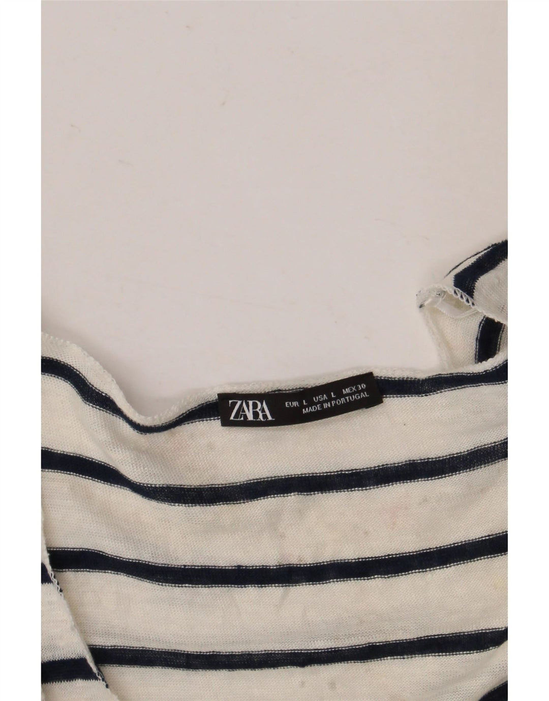 Camiseta feminina Zara UK 14 grande listrada branca