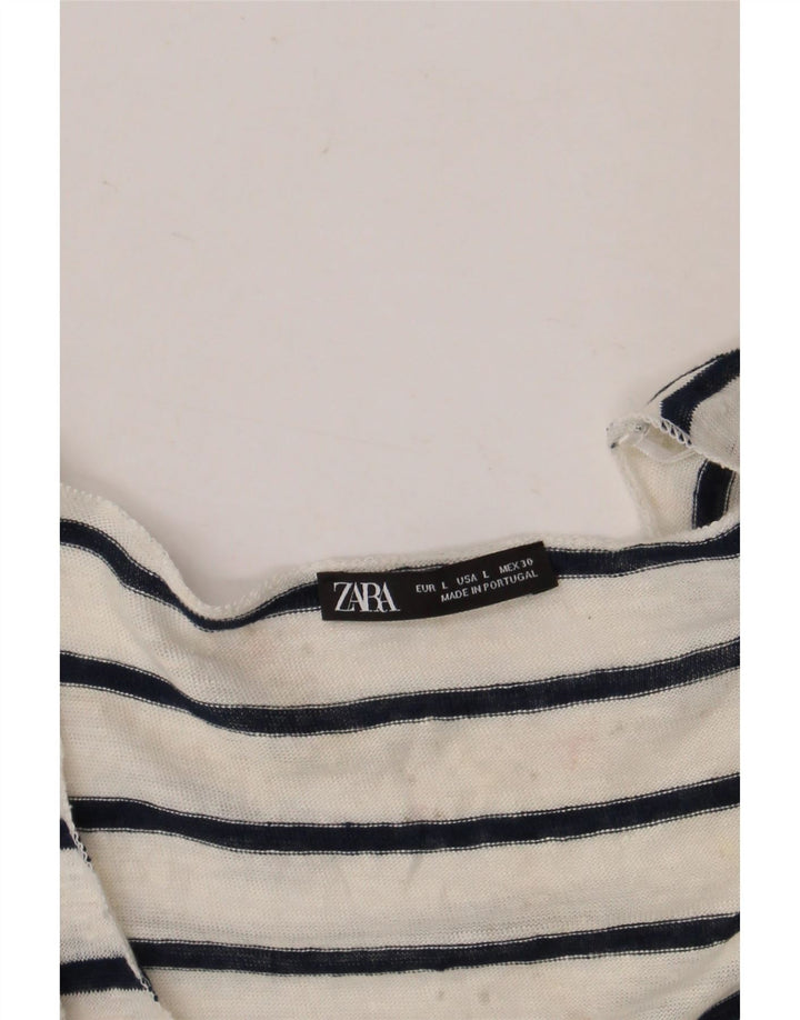 Camiseta feminina Zara UK 14 grande listrada branca