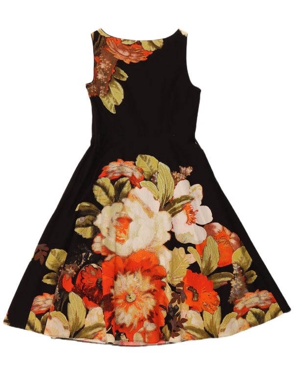 Vestido feminino Debenhams sem mangas evasê UK 12 algodão floral preto médio